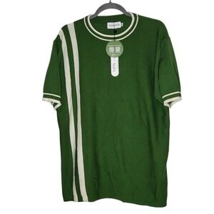 OXKNITSTORE Mens Green White Stripe 100% Cotton Short Sleeve Knit Sweater XL NWT